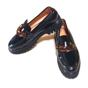 André Platform Lug Sole Black Patent Leather and Velvet Chain Loafers
